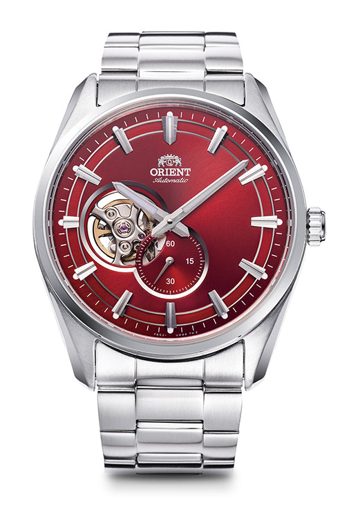 Orient Semi Skeleton Contemporary Red Dial Stainless Steel Bracelet Men’s Watch RA-AR0010R10B